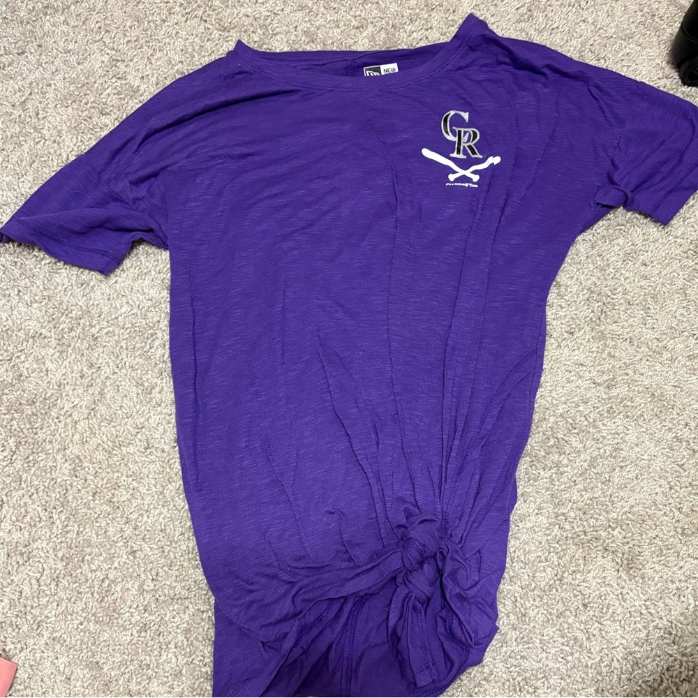 New Era Purple Rockies Women's Tee with Logo and tie